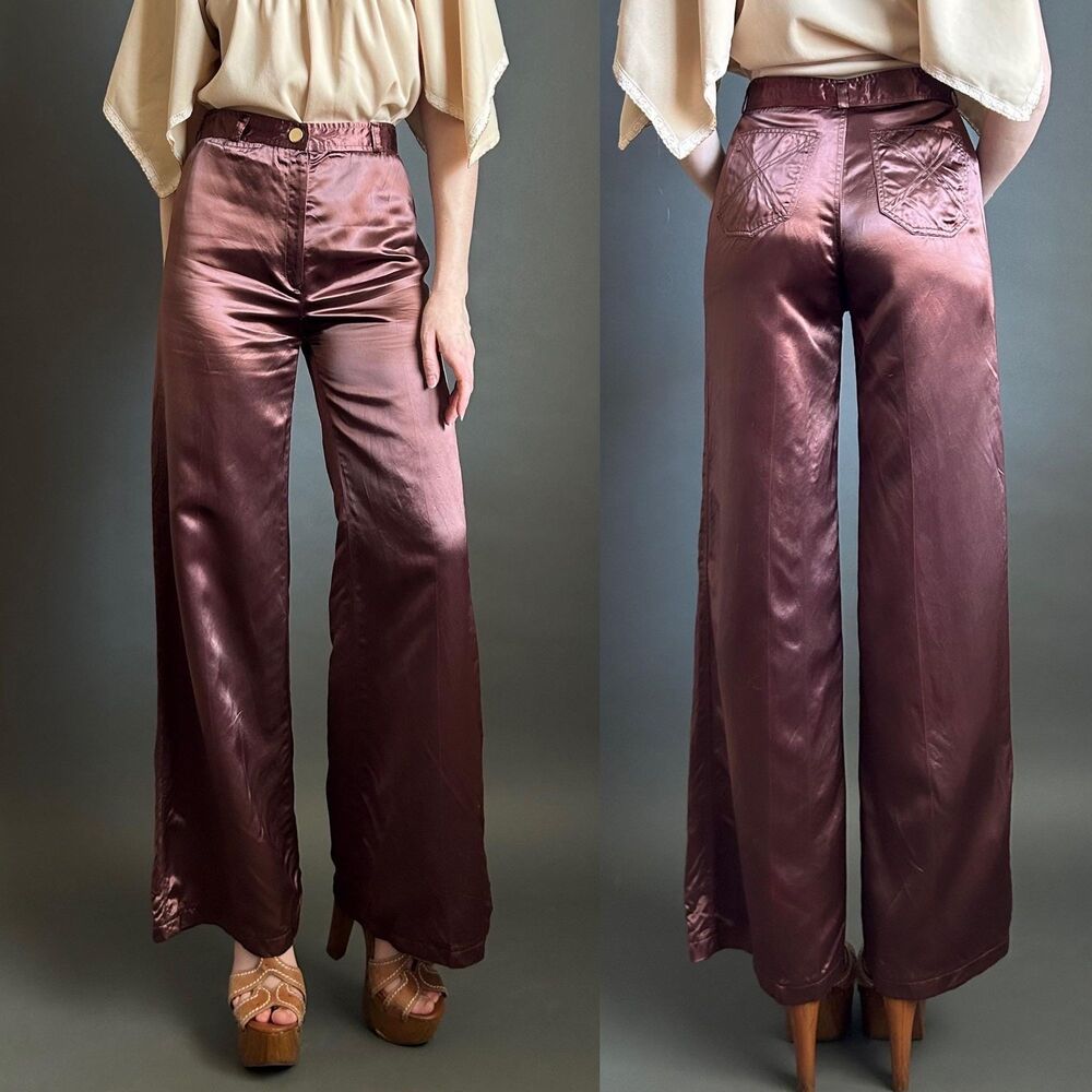 Vintage 1970s Satin Wide Leg Pants, High Waist Flared Trousers, small